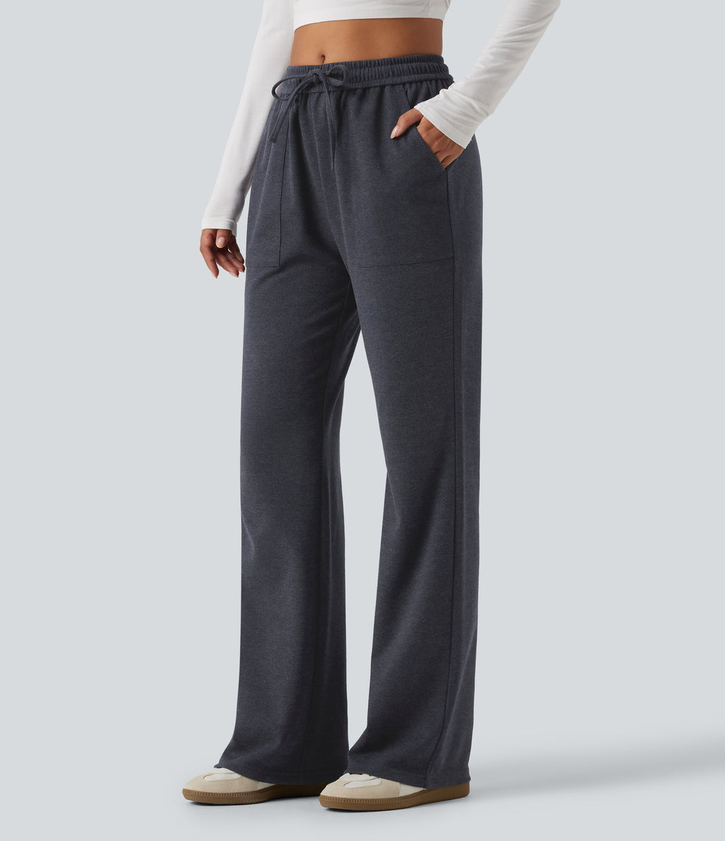 Mid Rise Drawstring Bootcut Work Trousers with Pockets — Navy — view 3