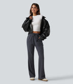 Mid Rise Drawstring Bootcut Work Trousers with Pockets — Navy — view 5