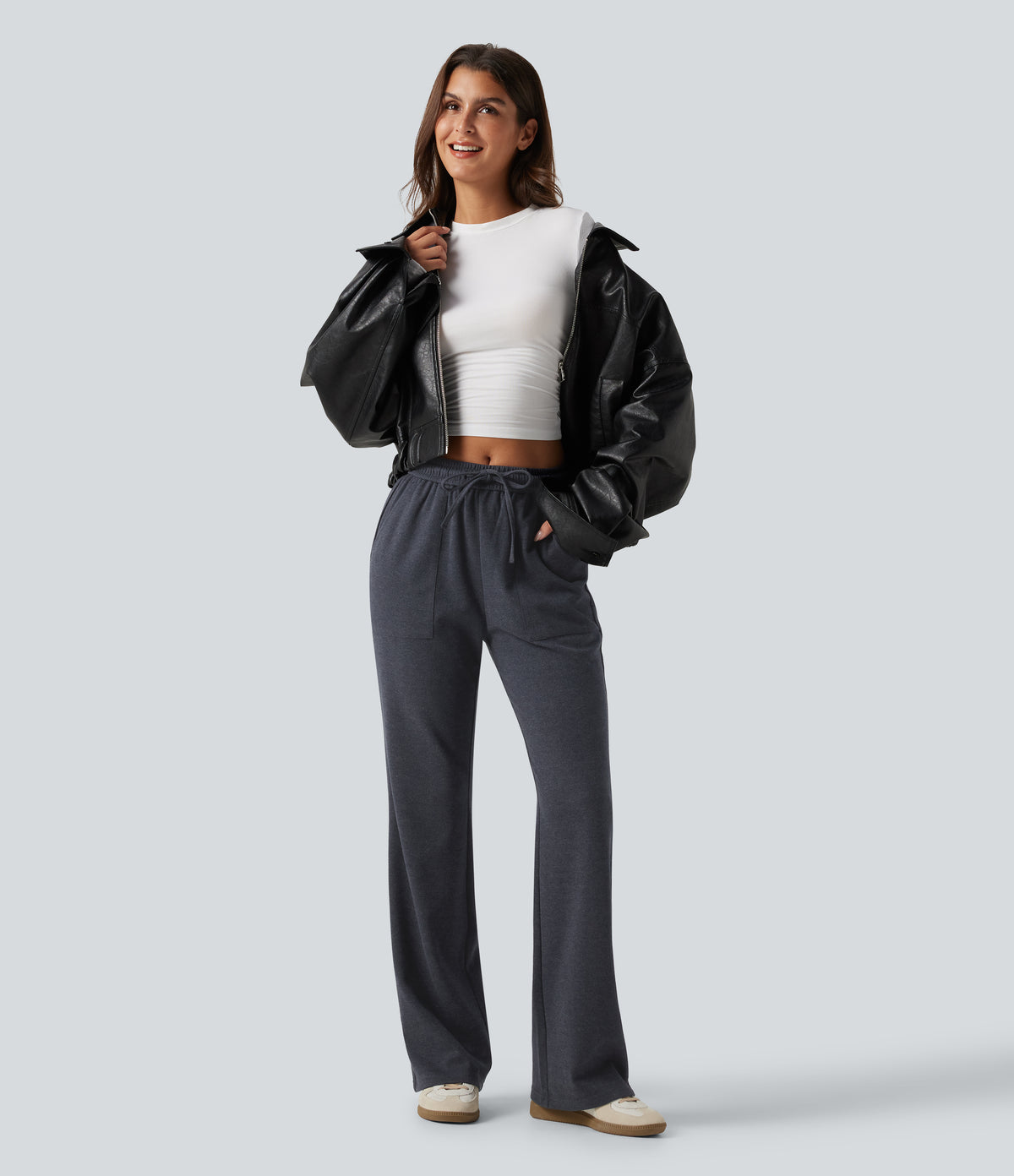 Mid Rise Drawstring Bootcut Work Trousers with Pockets — Navy — view 5