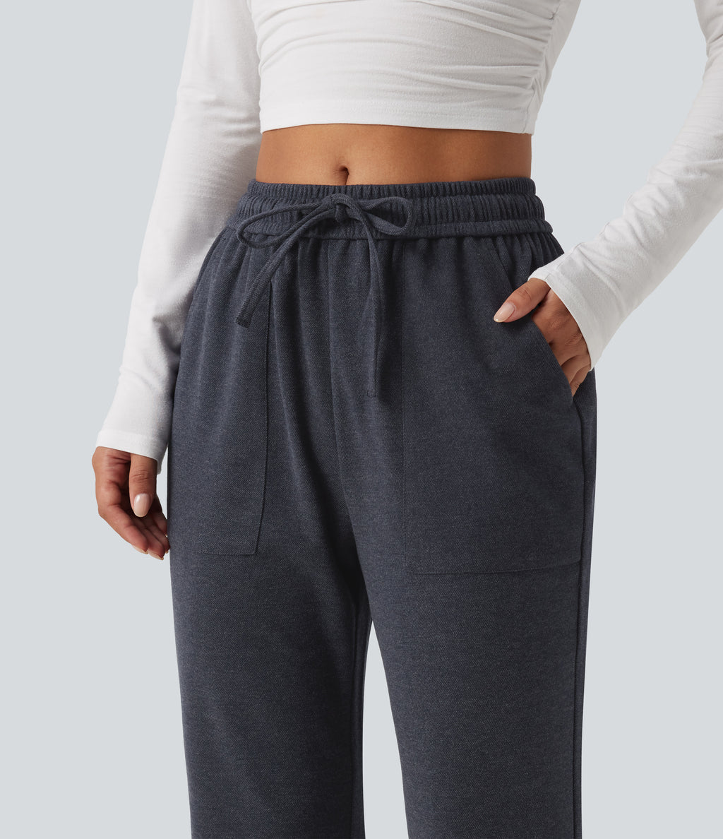 Mid Rise Drawstring Bootcut Work Trousers with Pockets — Navy — view 4