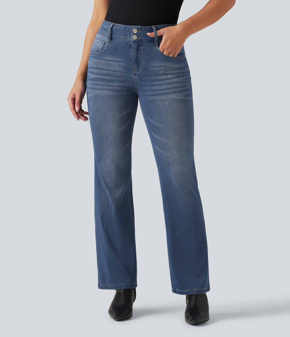 Mid Rise Bootcut Casual Jeans with Pockets — Tide Blue Denim — view 3
