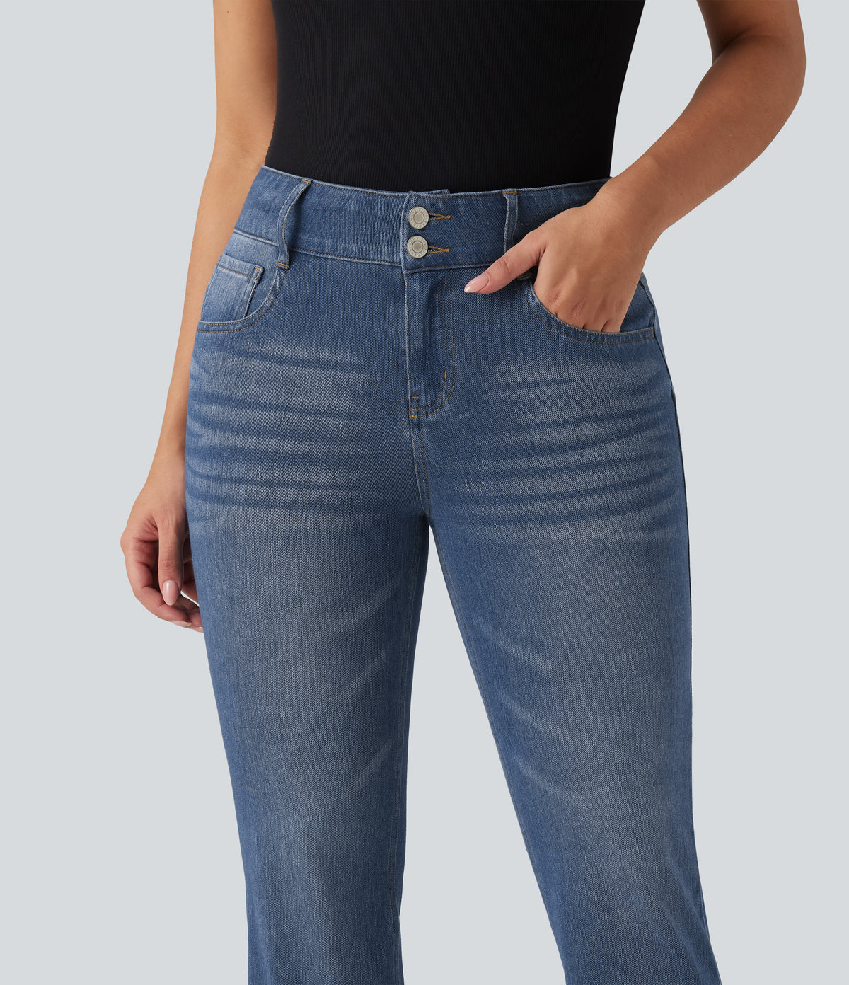 Mid Rise Bootcut Casual Jeans with Pockets — Tide Blue Denim — view 5