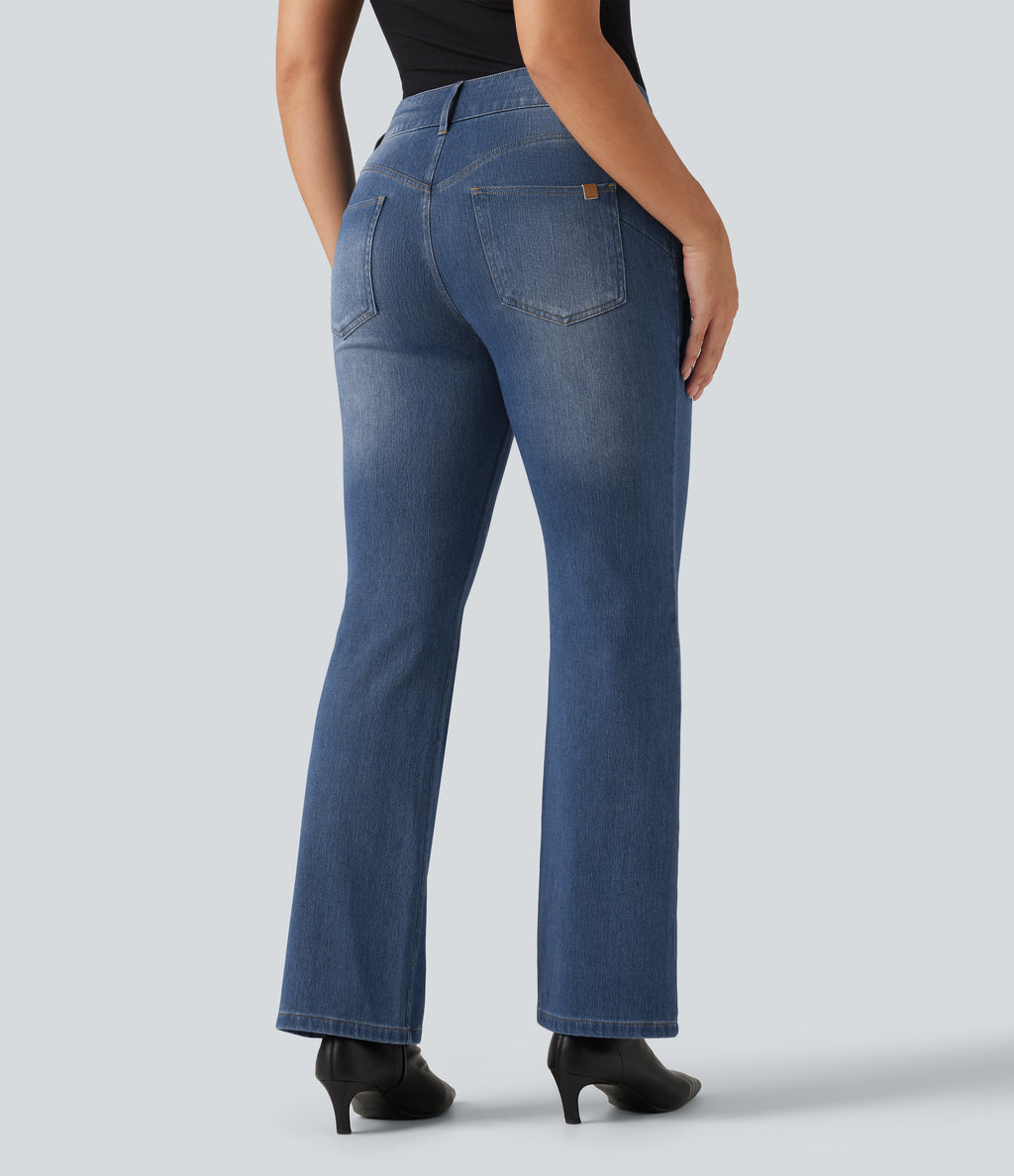 Mid Rise Bootcut Casual Jeans with Pockets — Tide Blue Denim — view 2