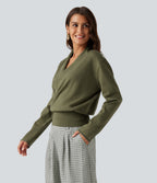 V Neck Long Sleeve Casual Jumper — Winter Moss — view 3