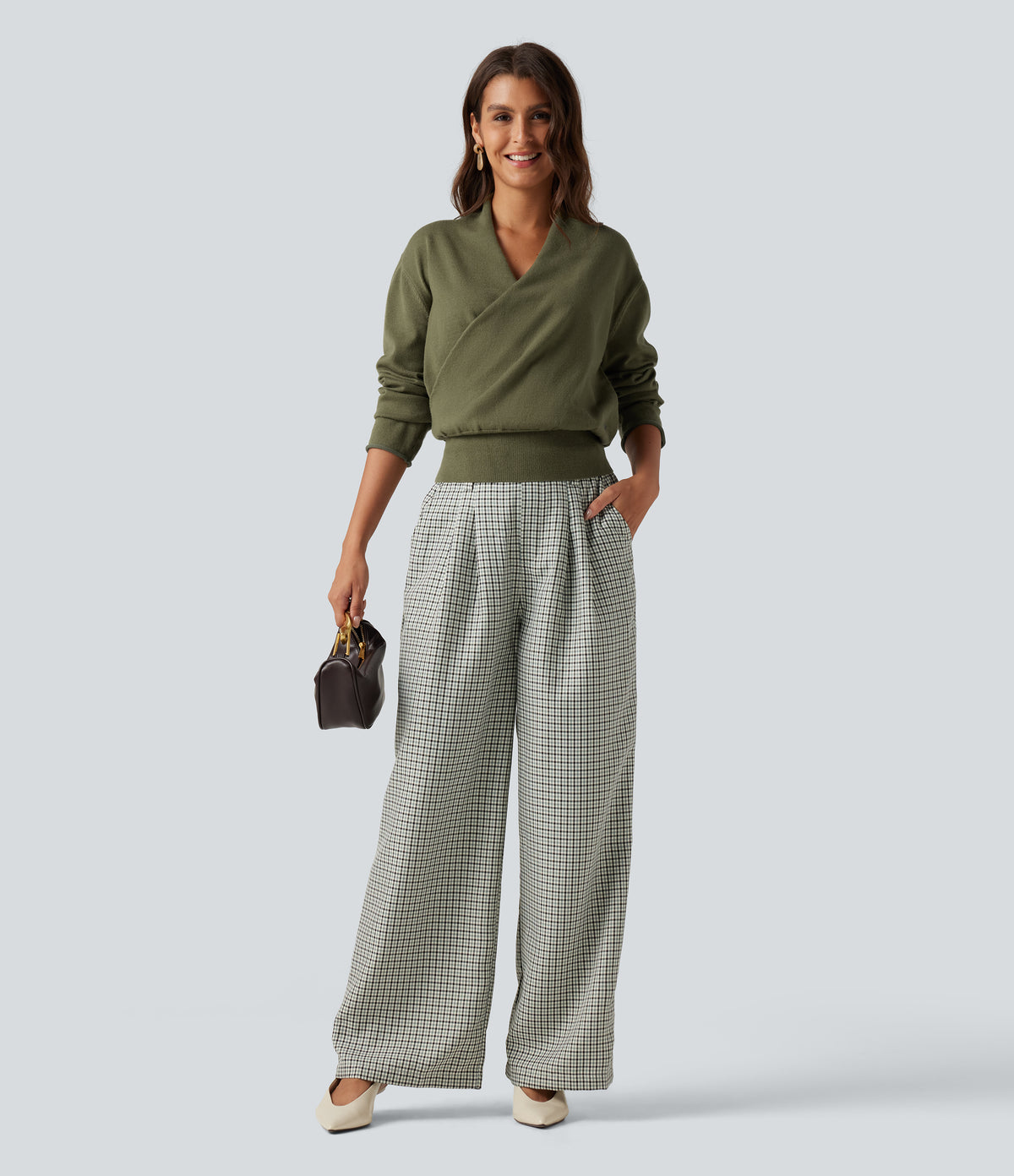 V Neck Long Sleeve Casual Jumper — Winter Moss — view 7
