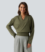 V Neck Long Sleeve Casual Jumper — Winter Moss — view 4