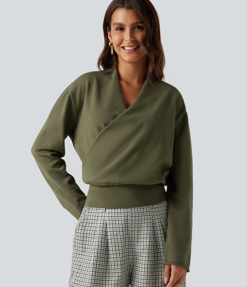 V Neck Long Sleeve Casual Jumper — Winter Moss — view 1