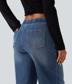 Mid Rise Drawstring Barrel Leg Casual Jeans with Pockets — Tide Blue Denim — view 5
