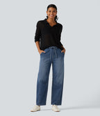 Mid Rise Drawstring Barrel Leg Casual Jeans with Pockets — Tide Blue Denim — view 8