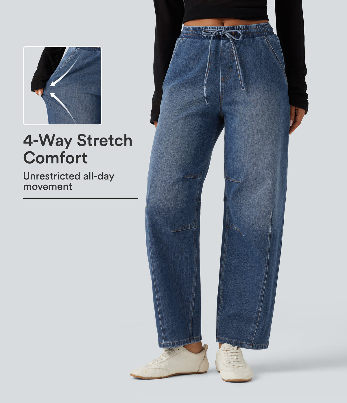 Mid Rise Drawstring Barrel Leg Casual Jeans with Pockets — Tide Blue Denim — view 1