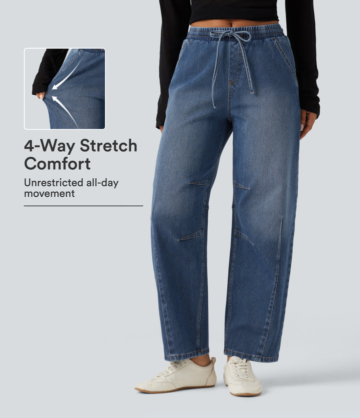 Mid Rise Drawstring Barrel Leg Casual Jeans with Pockets — Tide Blue Denim — view 1