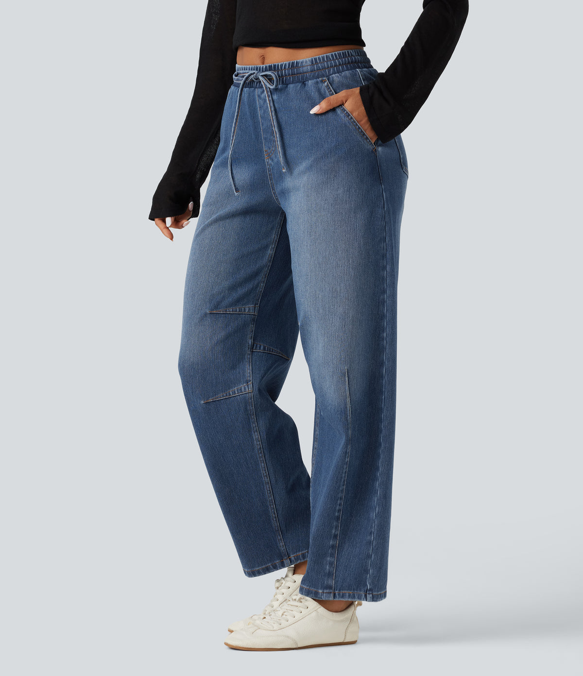 Mid Rise Drawstring Barrel Leg Casual Jeans with Pockets — Tide Blue Denim — view 3