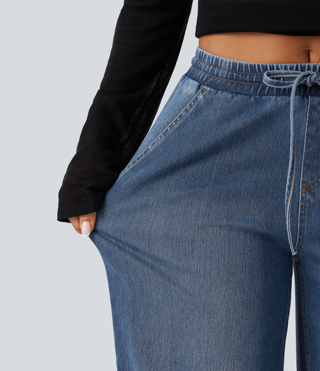Mid Rise Drawstring Barrel Leg Casual Jeans with Pockets — Tide Blue Denim — view 7