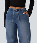 Mid Rise Drawstring Barrel Leg Casual Jeans with Pockets — Tide Blue Denim — view 4