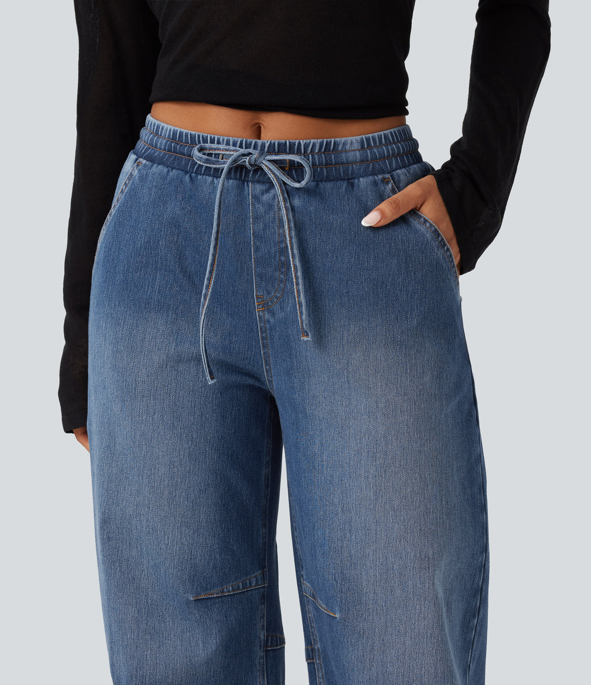 Mid Rise Drawstring Barrel Leg Casual Jeans with Pockets — Tide Blue Denim — view 4