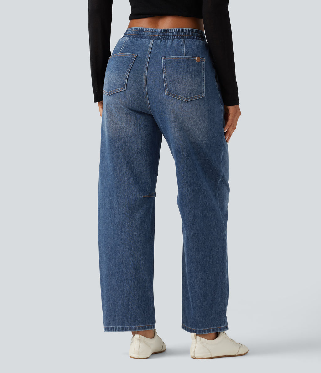 Mid Rise Drawstring Barrel Leg Casual Jeans with Pockets — Tide Blue Denim — view 2