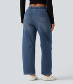 Mid Rise Drawstring Barrel Leg Casual Jeans with Pockets — Tide Blue Denim — view 2