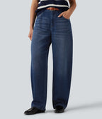 Mid Rise Barrel Leg Casual Jeans with Pockets — Estate Blue Denim — view 4