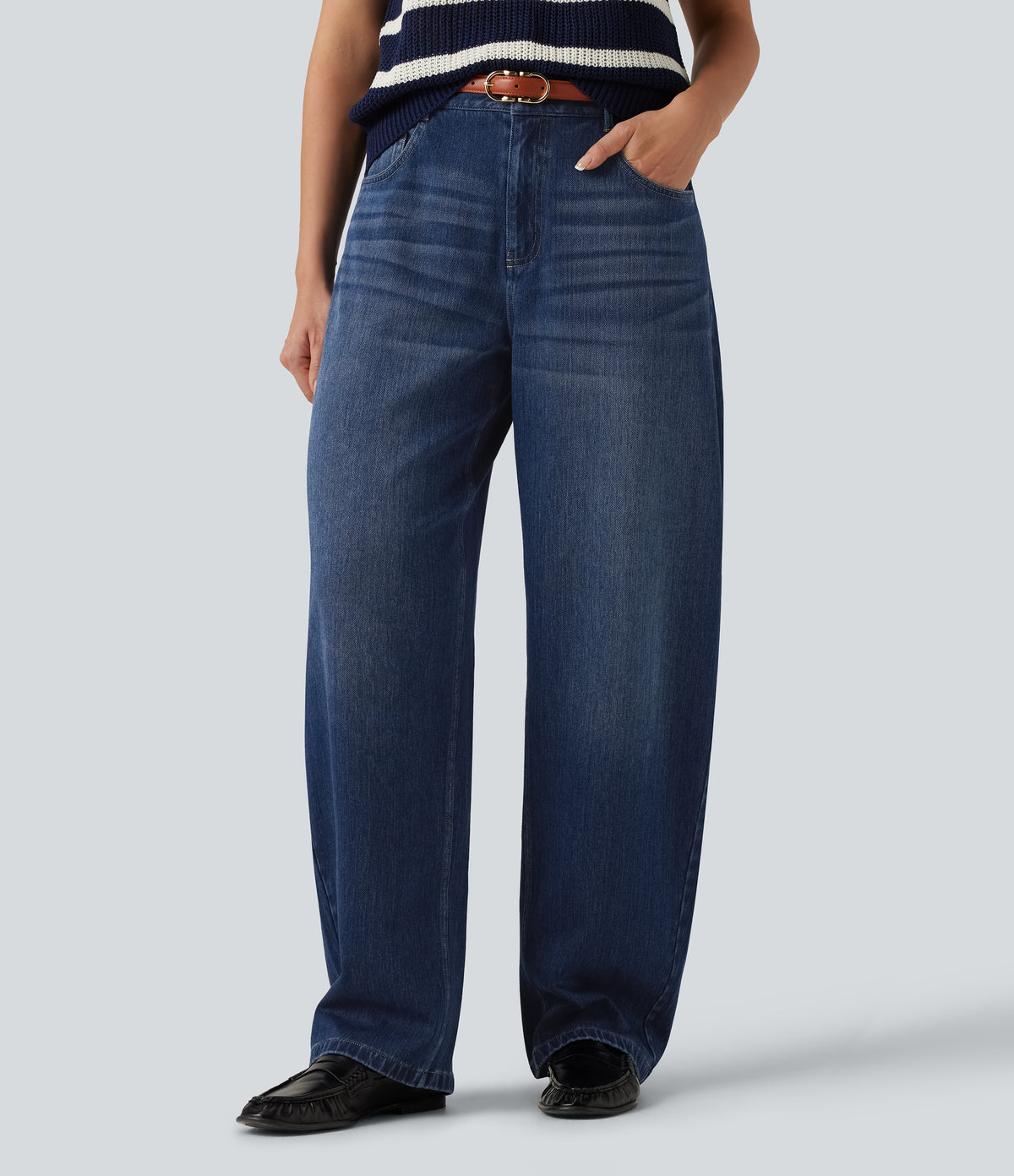 Mid Rise Barrel Leg Casual Jeans with Pockets — Estate Blue Denim — view 4