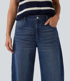 Mid Rise Barrel Leg Casual Jeans with Pockets — Estate Blue Denim — view 5