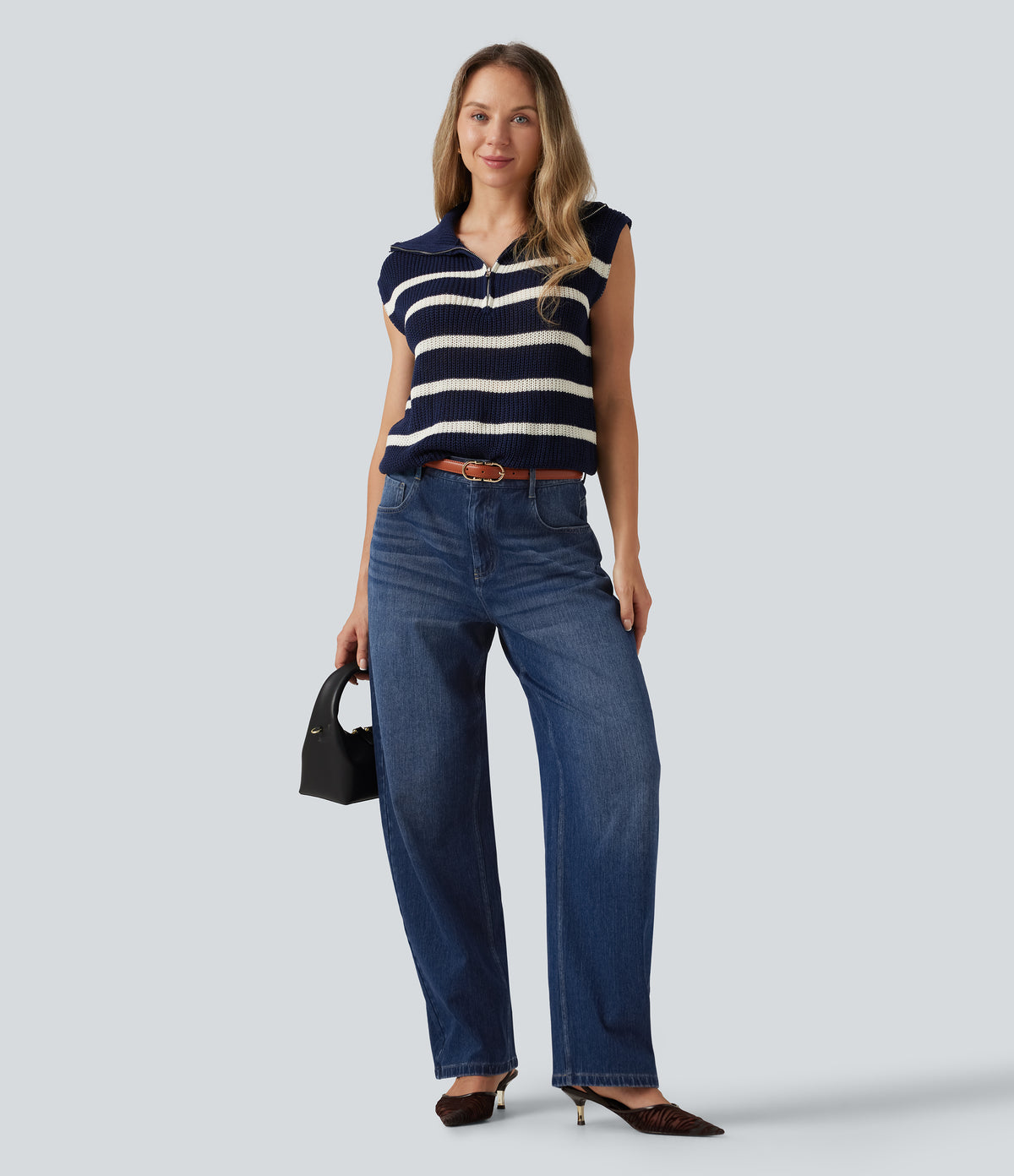 Mid Rise Barrel Leg Casual Jeans with Pockets — Estate Blue Denim — view 8