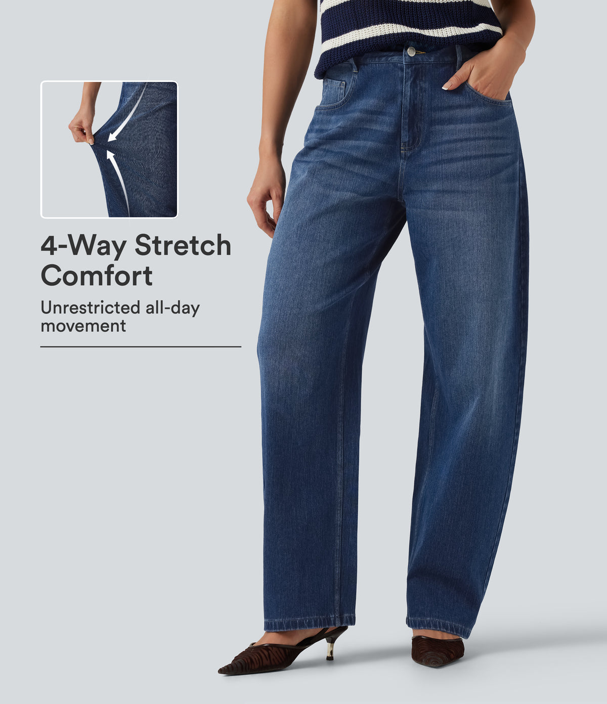 Mid Rise Barrel Leg Casual Jeans with Pockets — Estate Blue Denim — view 1