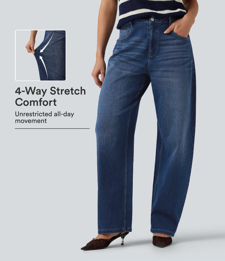 Mid Rise Barrel Leg Casual Jeans with Pockets — Estate Blue Denim — view 1
