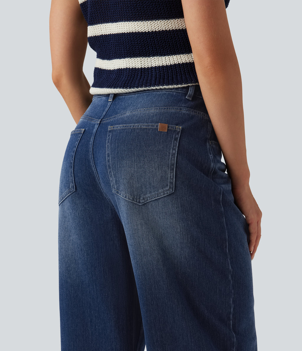 Mid Rise Barrel Leg Casual Jeans with Pockets — Estate Blue Denim — view 6