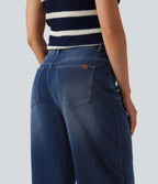 Mid Rise Barrel Leg Casual Jeans with Pockets — Estate Blue Denim — view 6
