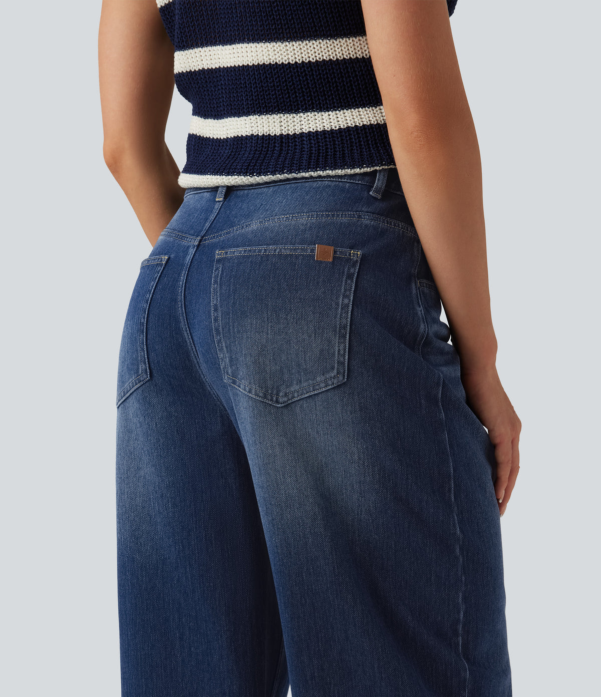 Mid Rise Barrel Leg Casual Jeans with Pockets — Estate Blue Denim — view 6
