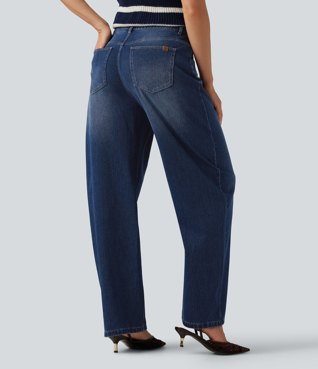Mid Rise Barrel Leg Casual Jeans with Pockets — Estate Blue Denim — view 2