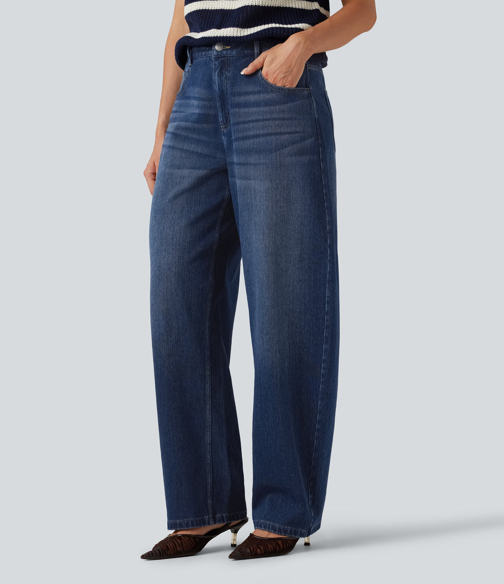 Mid Rise Barrel Leg Casual Jeans with Pockets — Estate Blue Denim — view 3