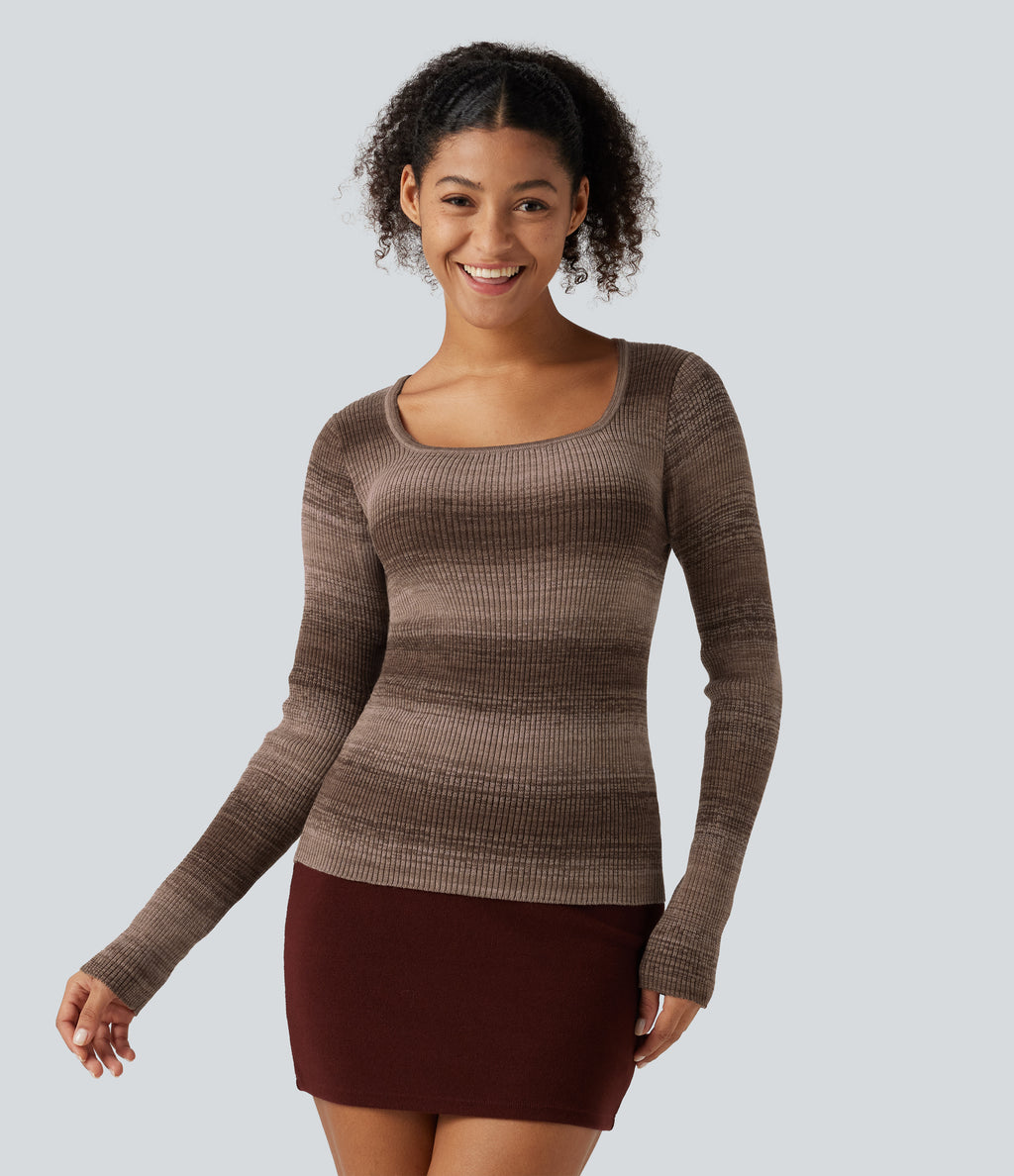 Square Neck Long Sleeve Gradient Stirpe Casual Jumper — Wander Dune — view 1