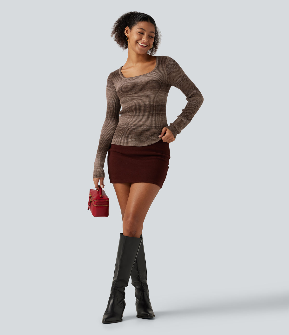 Square Neck Long Sleeve Gradient Stirpe Casual Jumper — Wander Dune — view 5