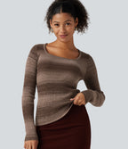 Square Neck Long Sleeve Gradient Stirpe Casual Jumper — Wander Dune — view 4