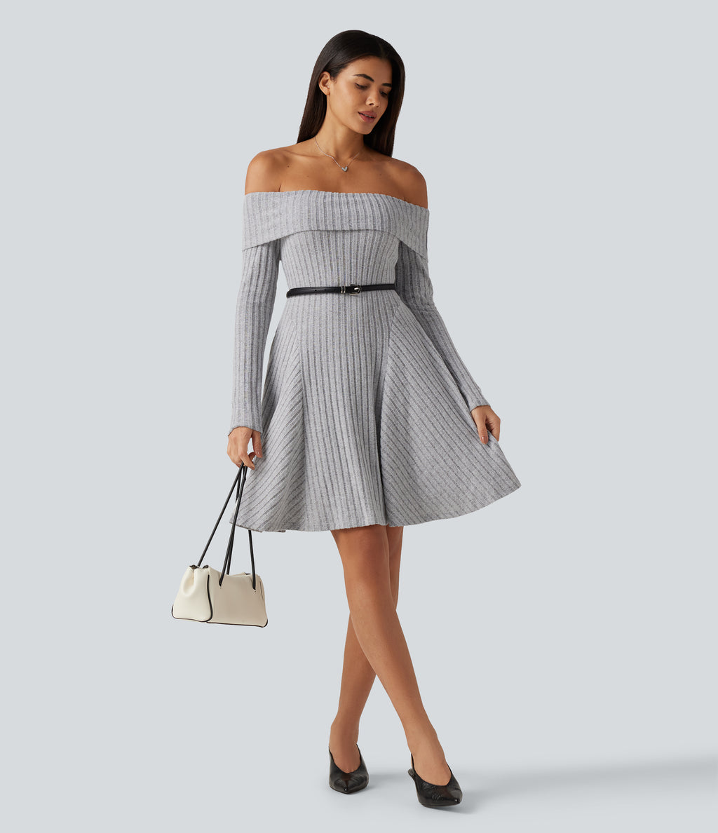 Ribbed Knit Off Shoulder Long Sleeve Built-in Bra Mini Casual Dress with Pockets — Frosted Slate — view 7