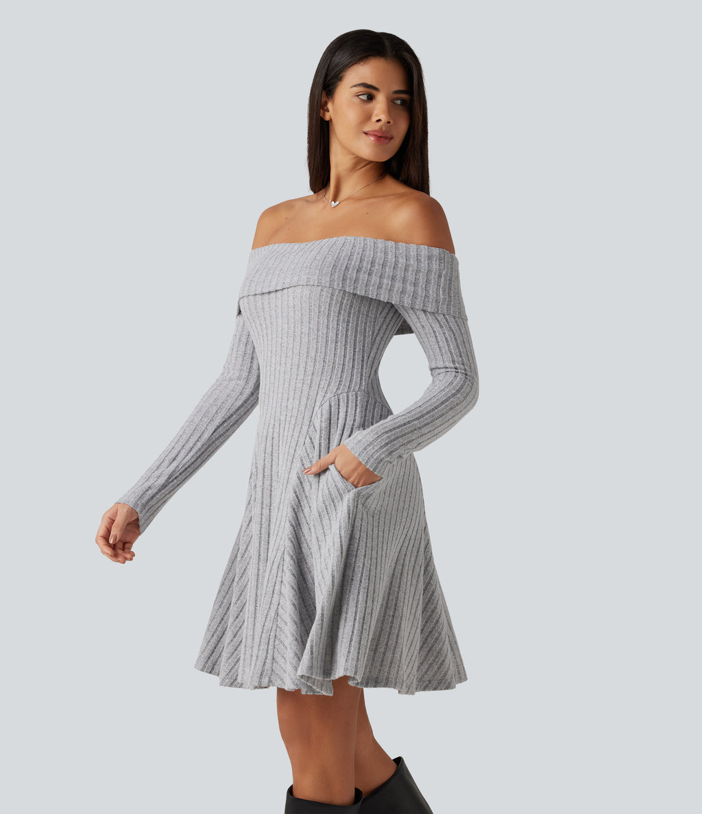 Ribbed Knit Off Shoulder Long Sleeve Built-in Bra Mini Casual Dress with Pockets — Frosted Slate — view 3