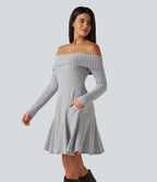 Ribbed Knit Off Shoulder Long Sleeve Built-in Bra Mini Casual Dress with Pockets — Frosted Slate — view 3