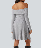 Ribbed Knit Off Shoulder Long Sleeve Built-in Bra Mini Casual Dress with Pockets — Frosted Slate — view 5