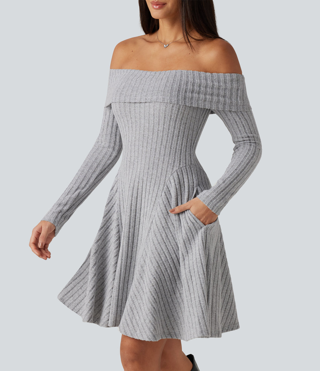 Ribbed Knit Off Shoulder Long Sleeve Built-in Bra Mini Casual Dress with Pockets — Frosted Slate — view 4