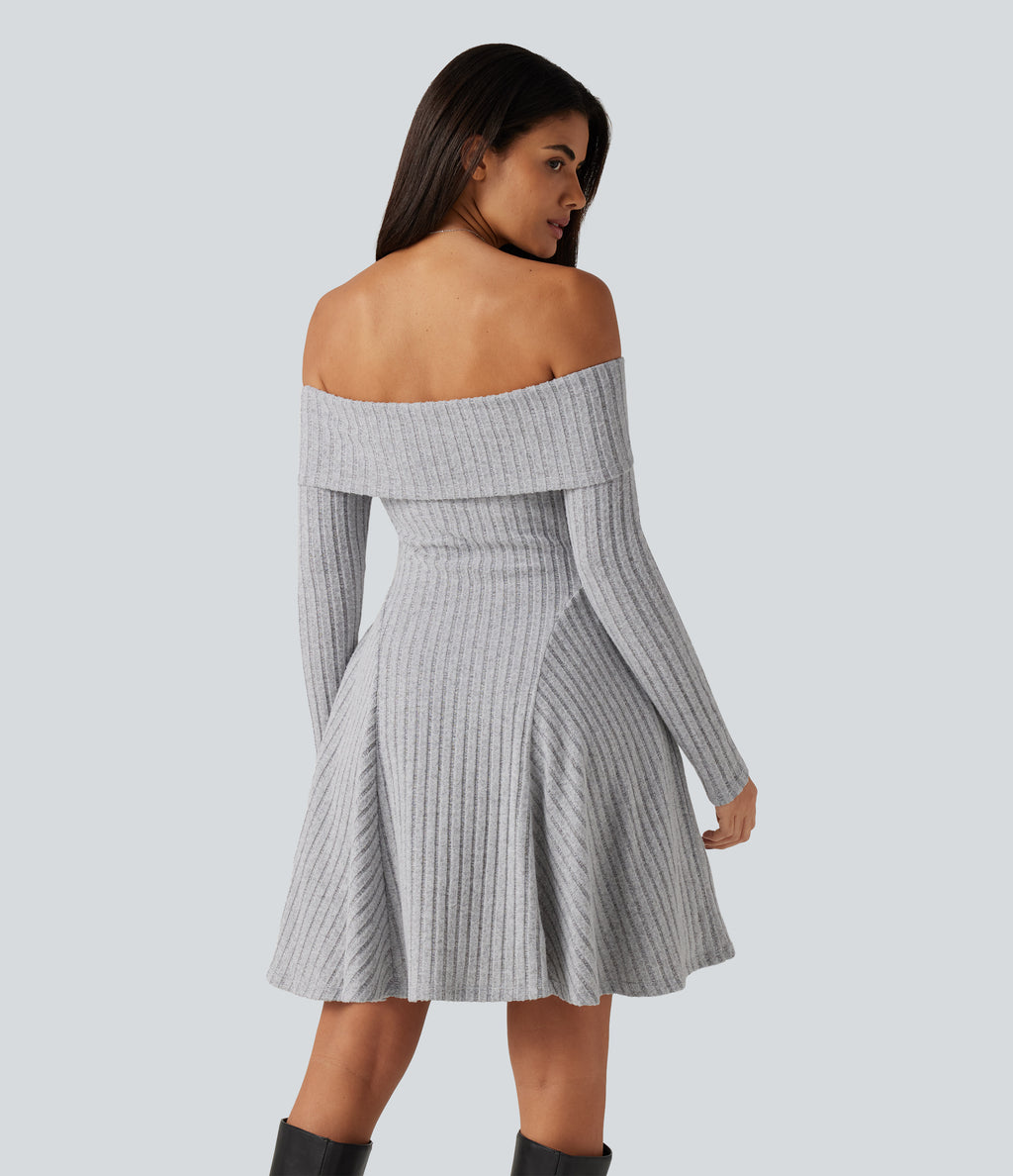 Ribbed Knit Off Shoulder Long Sleeve Built-in Bra Mini Casual Dress with Pockets — Frosted Slate — view 2