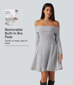 Ribbed Knit Off Shoulder Long Sleeve Built-in Bra Mini Casual Dress with Pockets — Frosted Slate — view 1