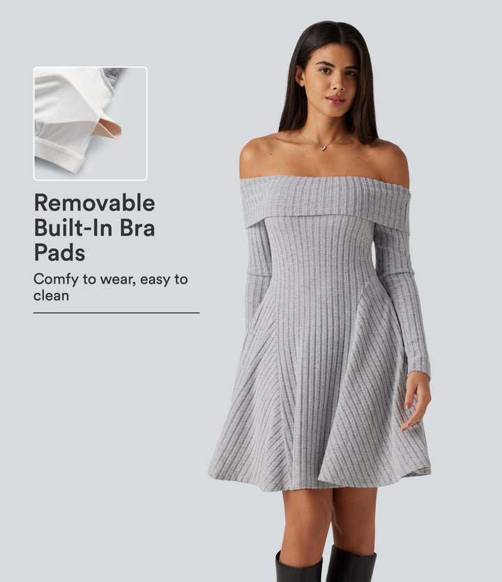 Ribbed Knit Off Shoulder Long Sleeve Built-in Bra Mini Casual Dress with Pockets — Frosted Slate — view 1