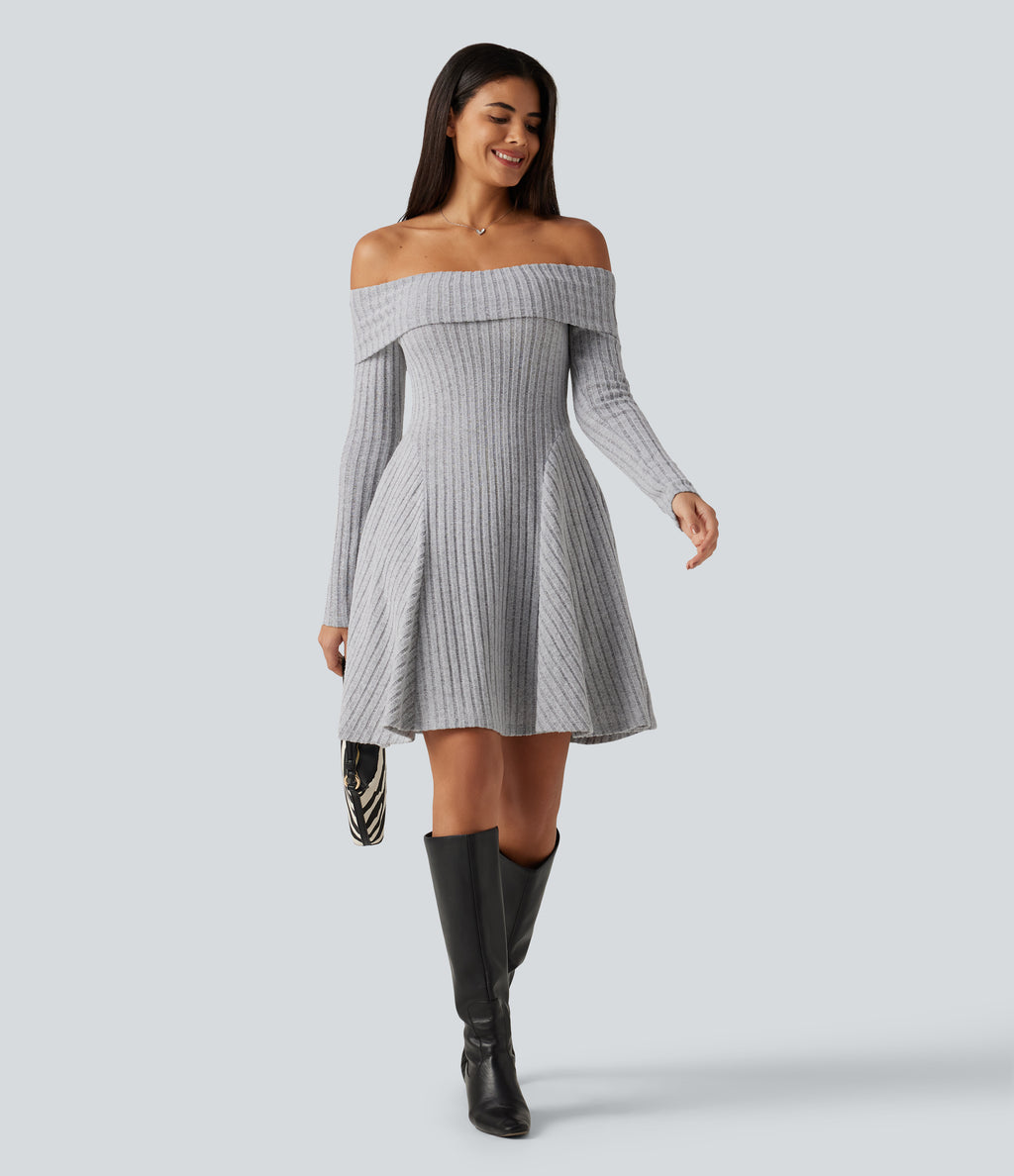 Ribbed Knit Off Shoulder Long Sleeve Built-in Bra Mini Casual Dress with Pockets — Frosted Slate — view 6