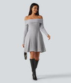 Ribbed Knit Off Shoulder Long Sleeve Built-in Bra Mini Casual Dress with Pockets — Frosted Slate — view 6