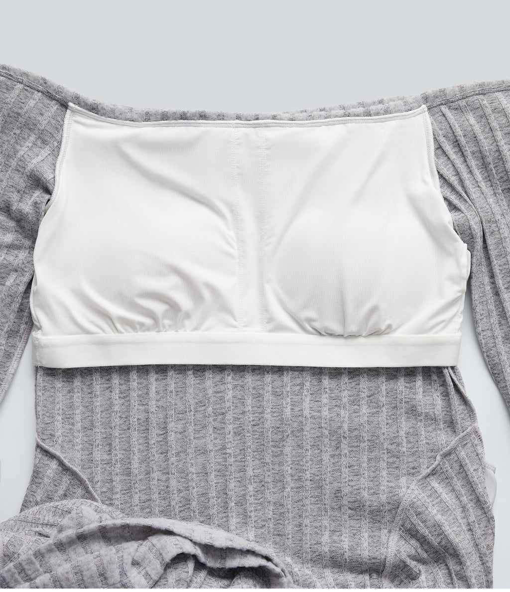 Ribbed Knit Off Shoulder Long Sleeve Built-in Bra Mini Casual Dress with Pockets — Frosted Slate — view 8