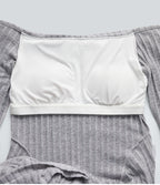 Ribbed Knit Off Shoulder Long Sleeve Built-in Bra Mini Casual Dress with Pockets — Frosted Slate — view 8