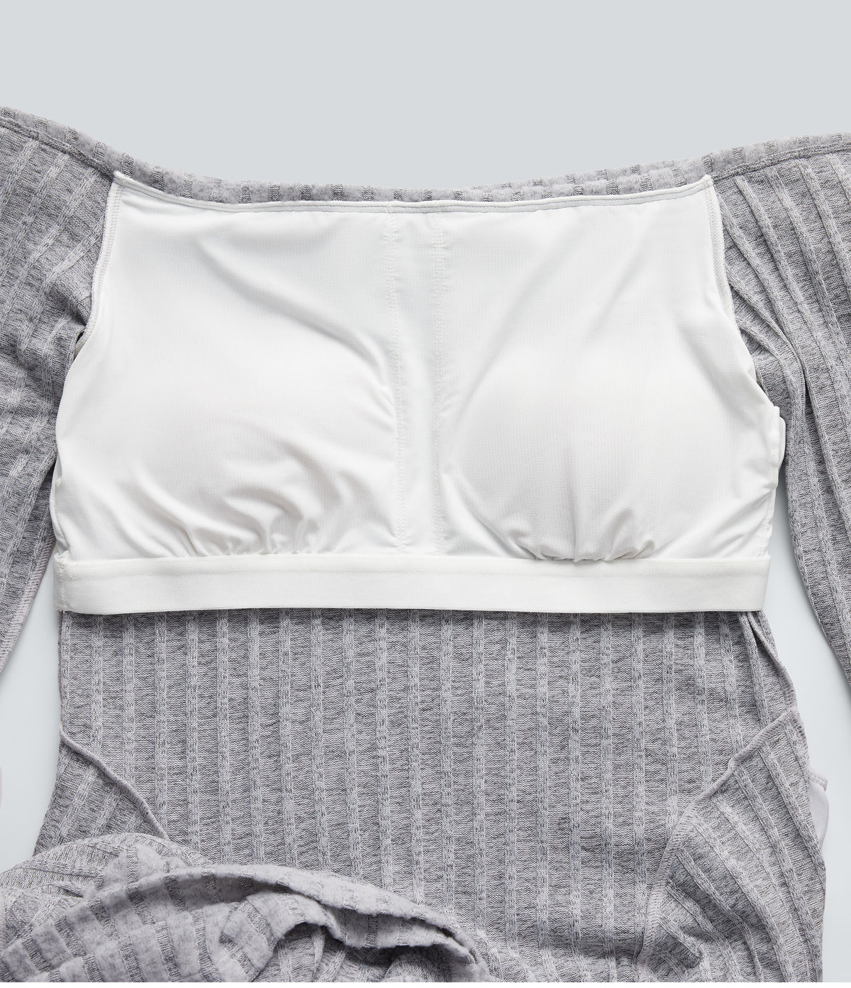 Ribbed Knit Off Shoulder Long Sleeve Built-in Bra Mini Casual Dress with Pockets — Frosted Slate — view 8