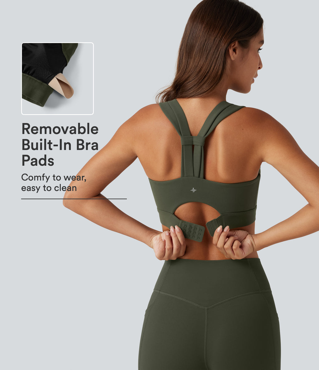 Medium Support Round Neck Built-in Bra Training Sports Bra — Deep Woodland Green — view 1