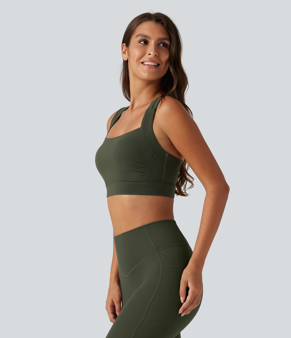 Medium Support Round Neck Built-in Bra Training Sports Bra — Deep Woodland Green — view 4
